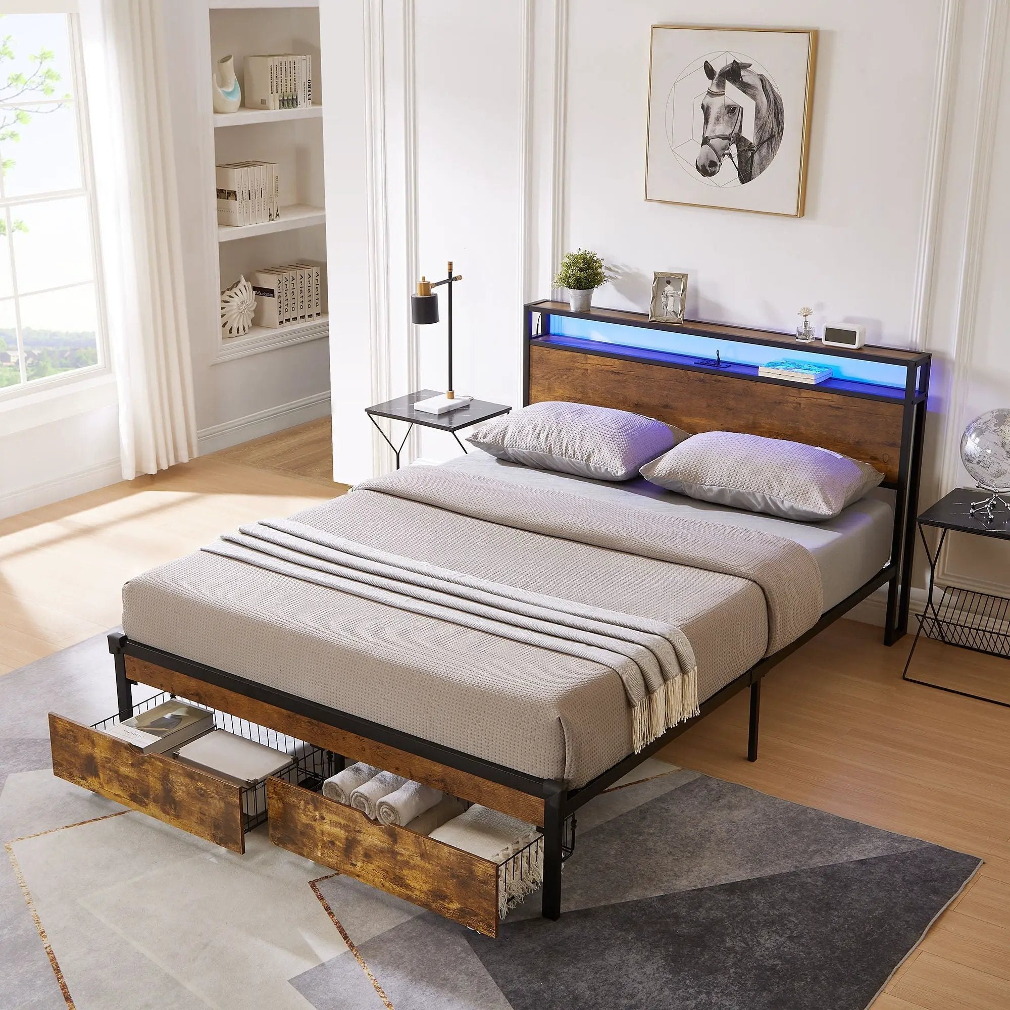 Modern Metal Platform Bed Frame With Wooden Headboard And Footboard, USB Charging Station, LED Lights, 2 Drawers by HouseOfZazla