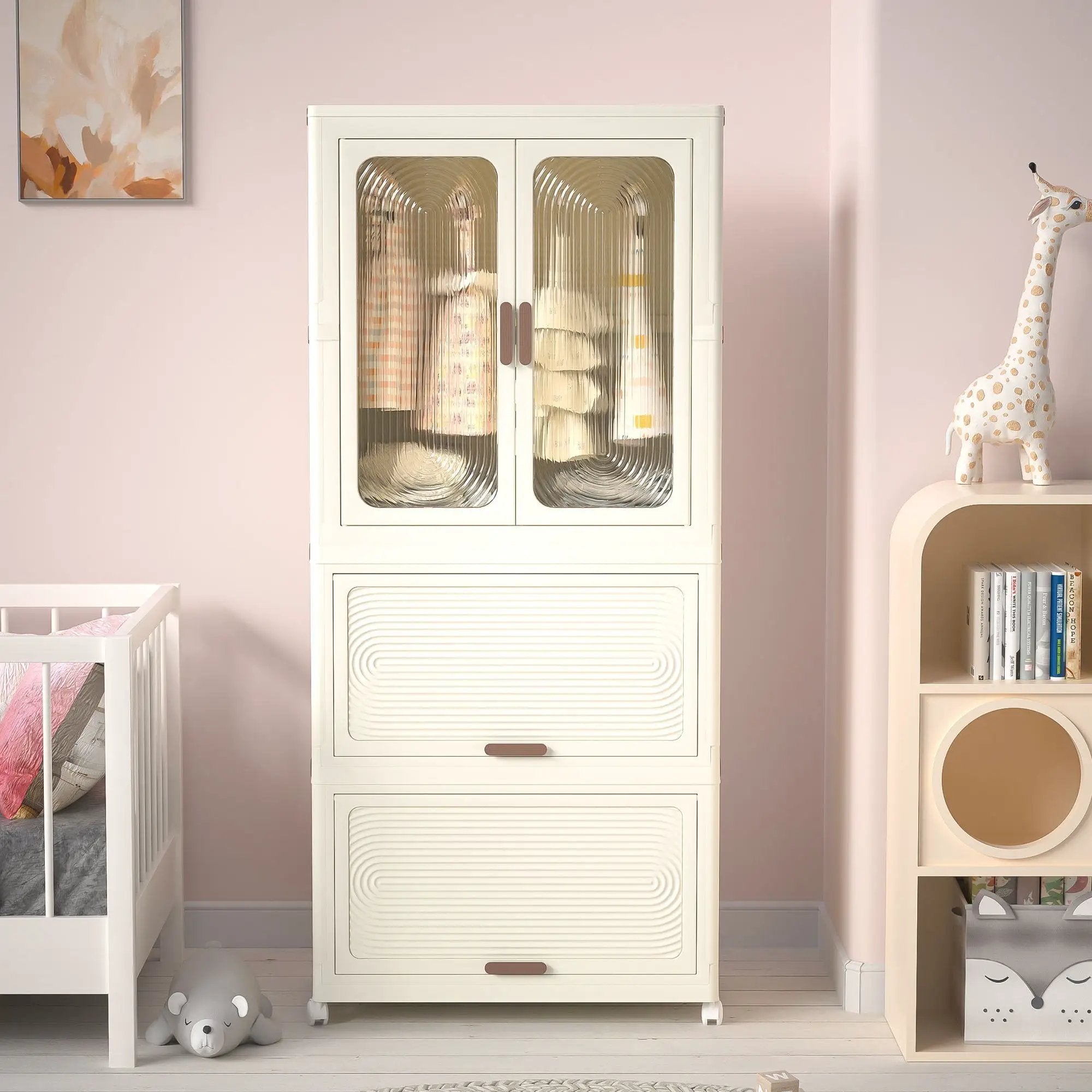 Portable Wardrobe Closet Storage Organizer With Magnetic Doors And Hanging Rod - Cream White by HouseOfZazla