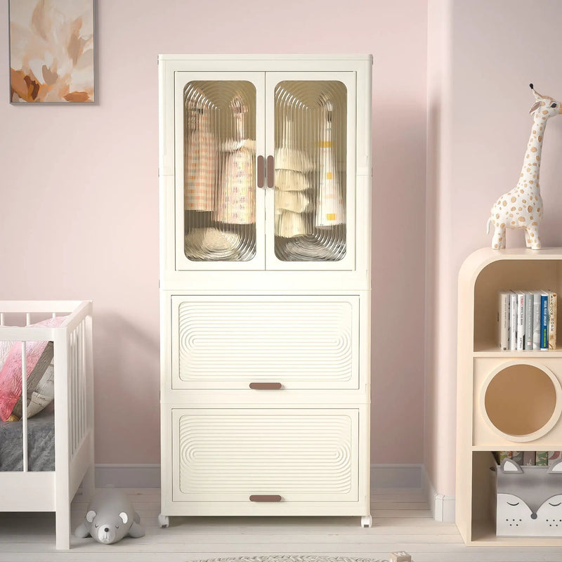 Portable Wardrobe Closet Storage Organizer With Magnetic Doors And Hanging Rod - Cream White by HouseOfZazla