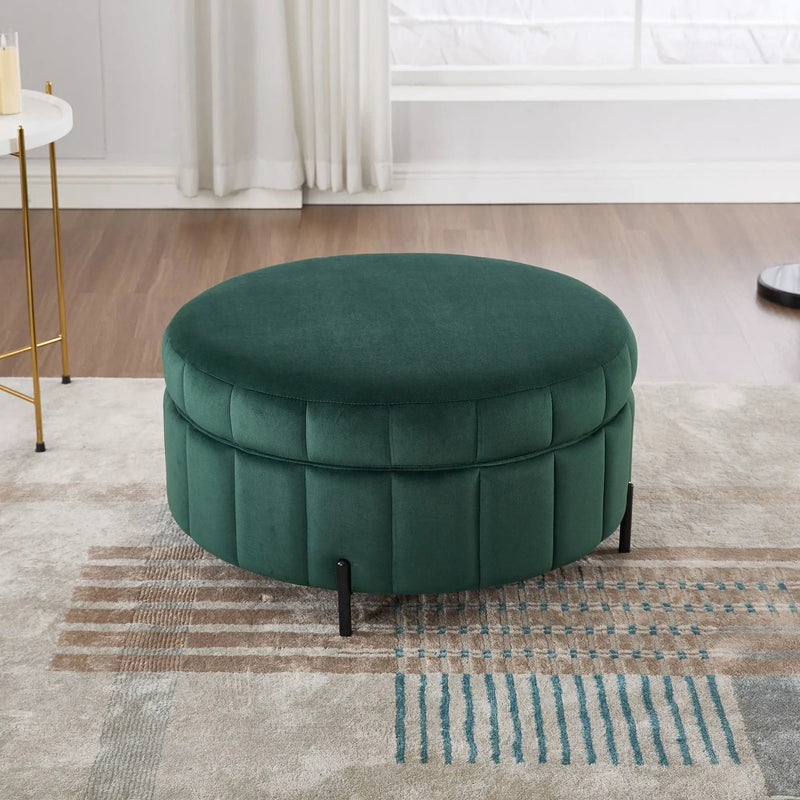 Upholstered Round Ottoman With Reversible Lid, Channel Tufted Pumpkin Shape by HouseOfZazla