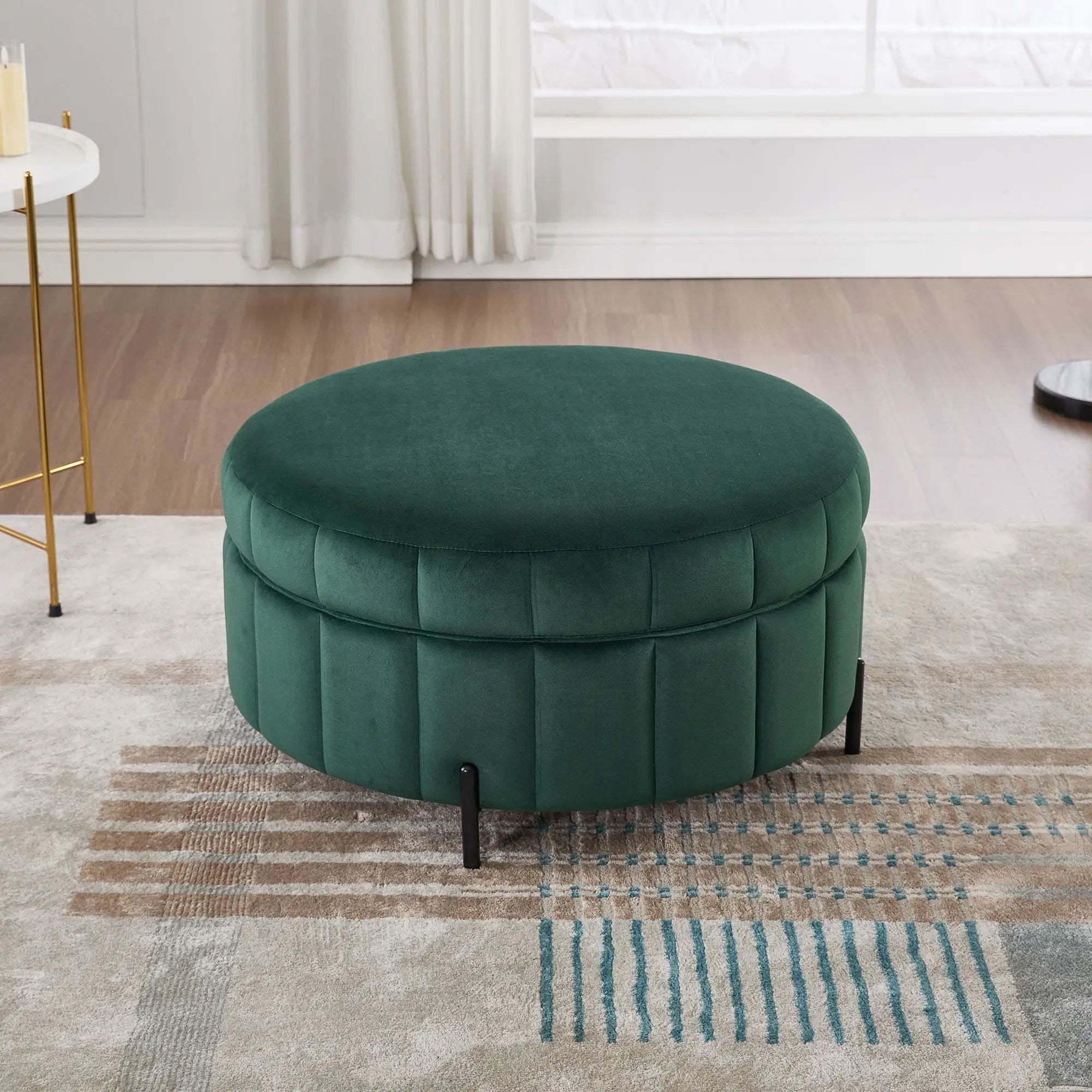 Upholstered Round Ottoman With Reversible Lid, Channel Tufted Pumpkin Shape by Unique Piece Furniture