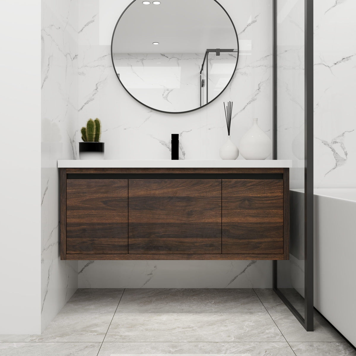 Floating Bathroom Vanity with Resin Sink and Soft-Close Doors - Wood, photo 5 of 8