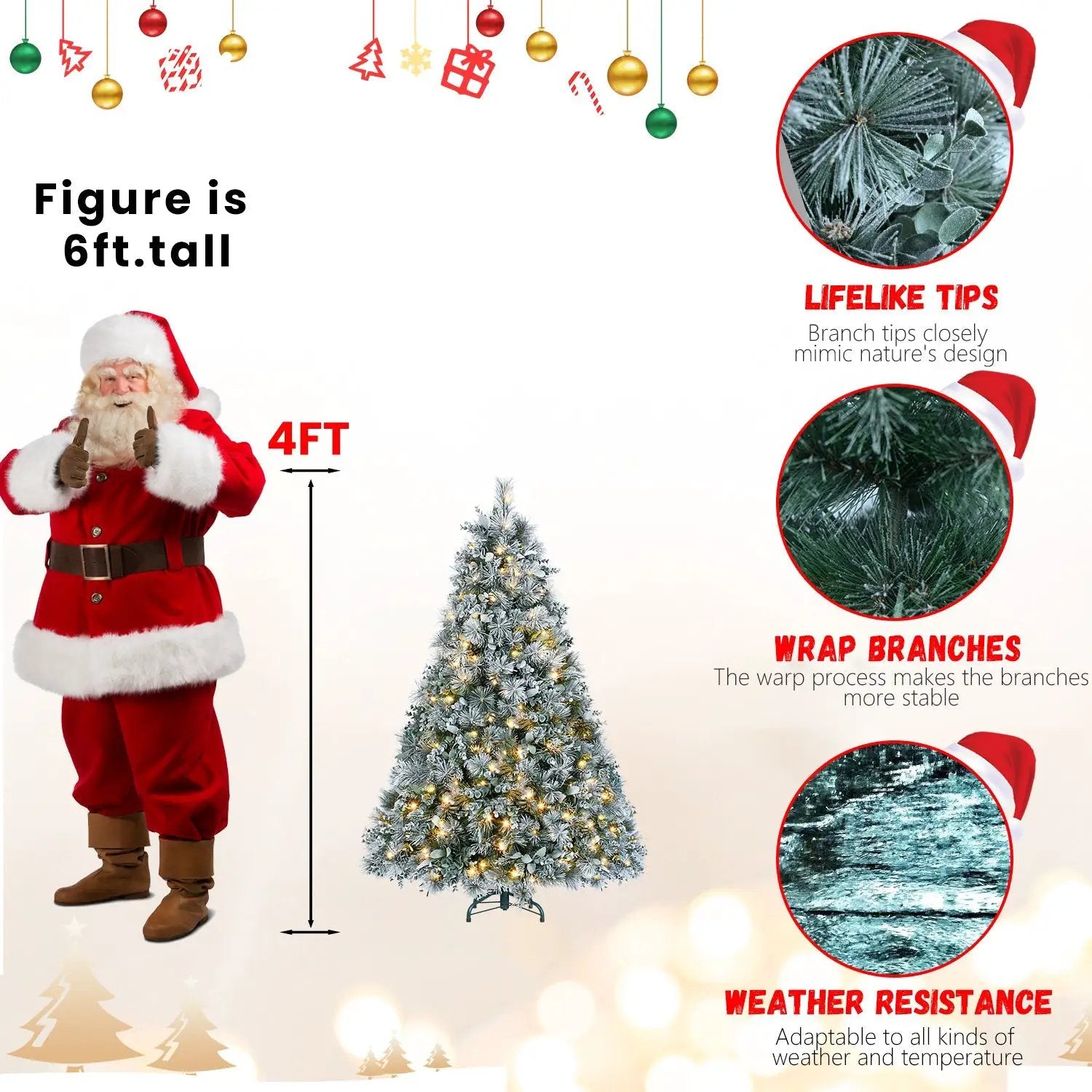 4FT Prelit Flocked Christmas Tree With Pine Needles & Eucalyptus Leaves by HouseOfZazla