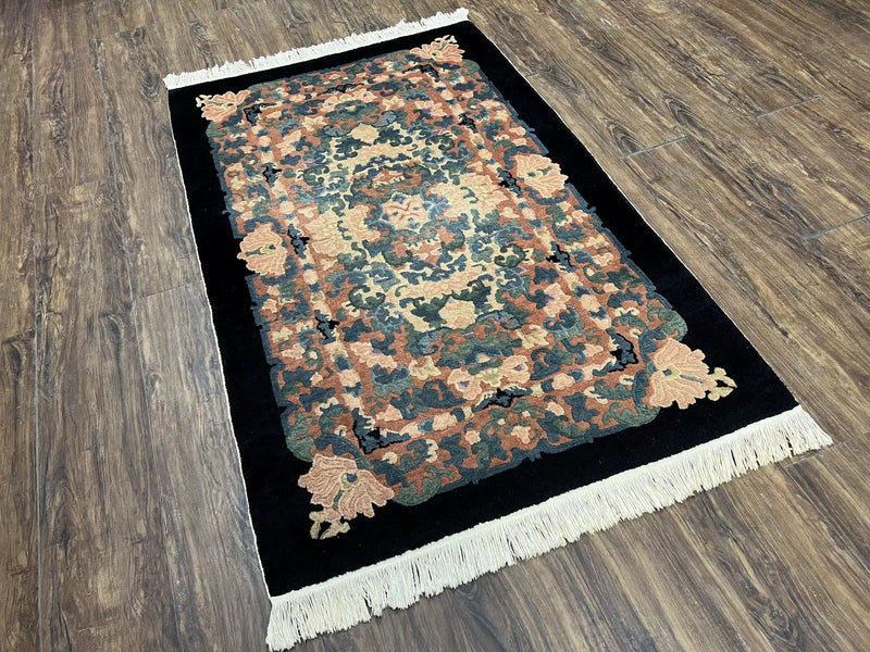 Chinese Art Deco Rug 3x5, Black and Beige Chinese Carpet 3 x 5, Vintage Rug, 1950s Rug, Floral Rug, Handmade Rug, Art Deco Rug, Wool Rug by Jewel Rugs