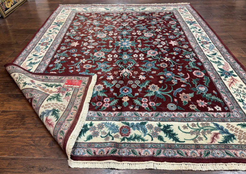 Indo Persian Rug 8x10, Red and Ivory, Floral Allover, Handmade Wool Area Rug by Jewel Rugs