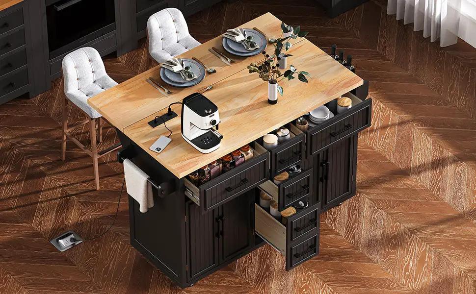 K&K 56.5'' Kitchen Island with Drop Leaf, Power Outlet by HouseOfZazla