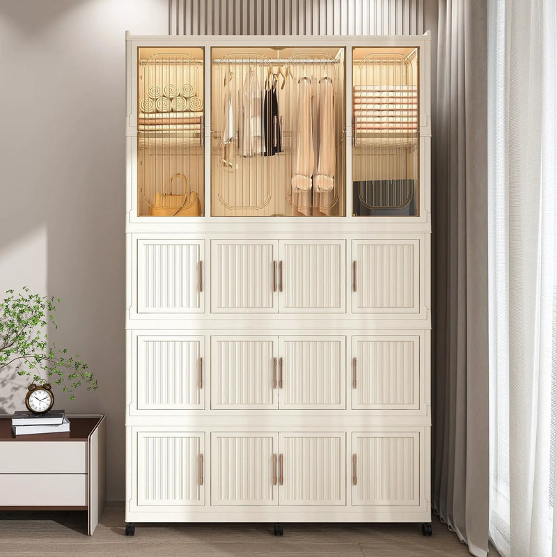 Portable Wardrobe Closet Storage Organizer With 17 Magnetic Doors, 17 Cubes, Hanging Rod & 6 Hangers - Creamy White by Unique Piece Furniture