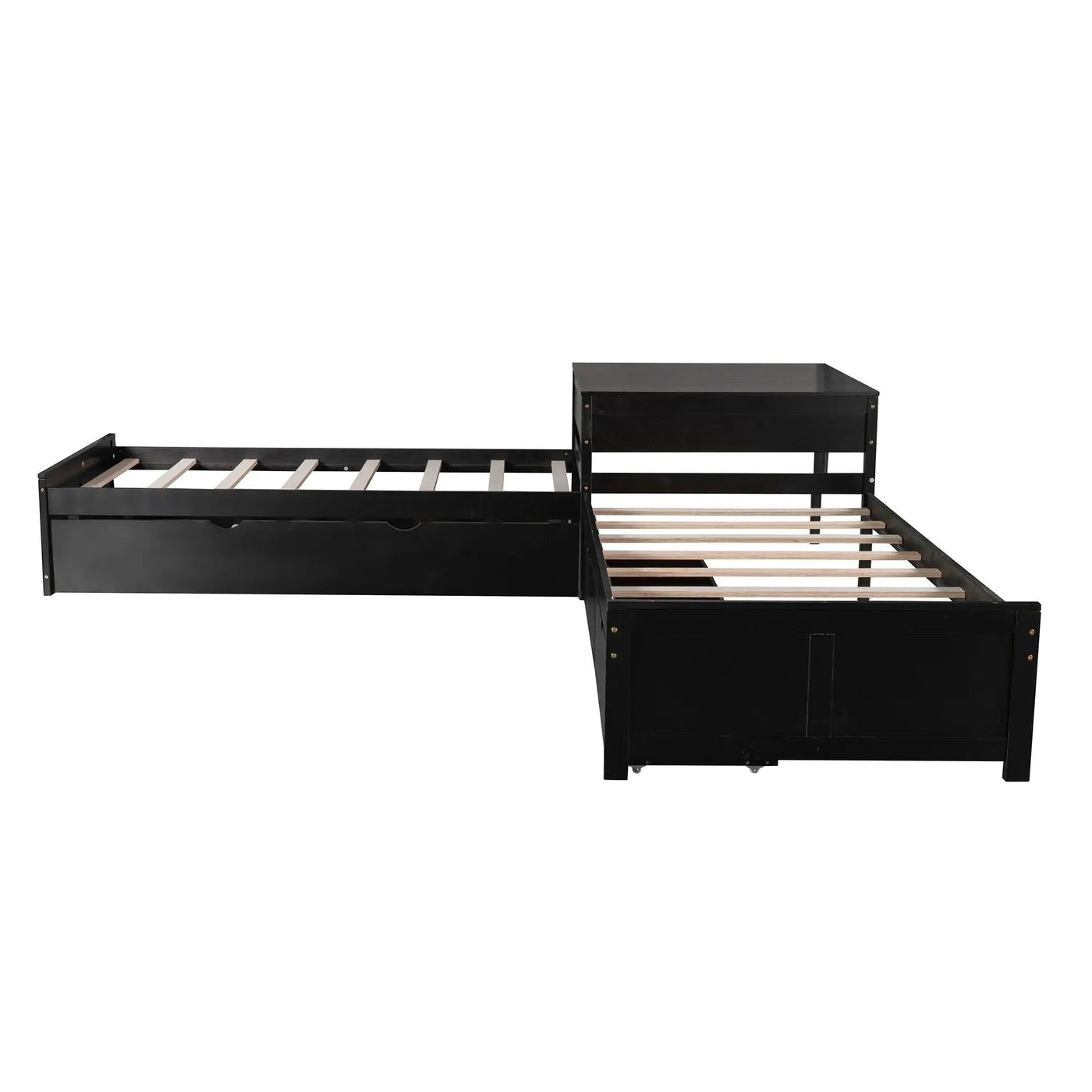 L Shaped Platform Bed With Trundle And Drawers Linked With Built In Desk by HouseOfZazla