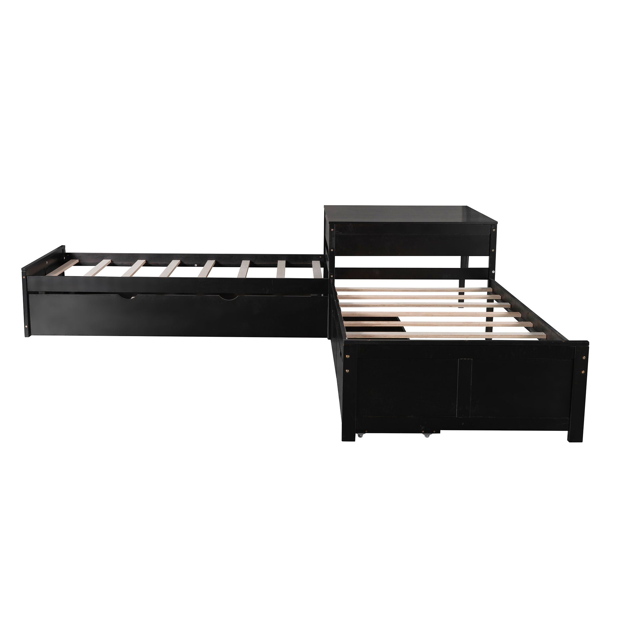 L Shaped Platform Bed With Trundle And Drawers Linked With Built In Desk by HouseOfZazla