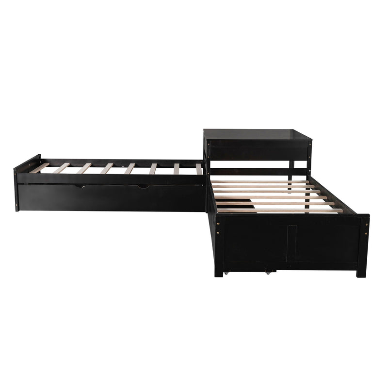 L Shaped Platform Bed With Trundle And Drawers Linked With Built In Desk by HouseOfZazla