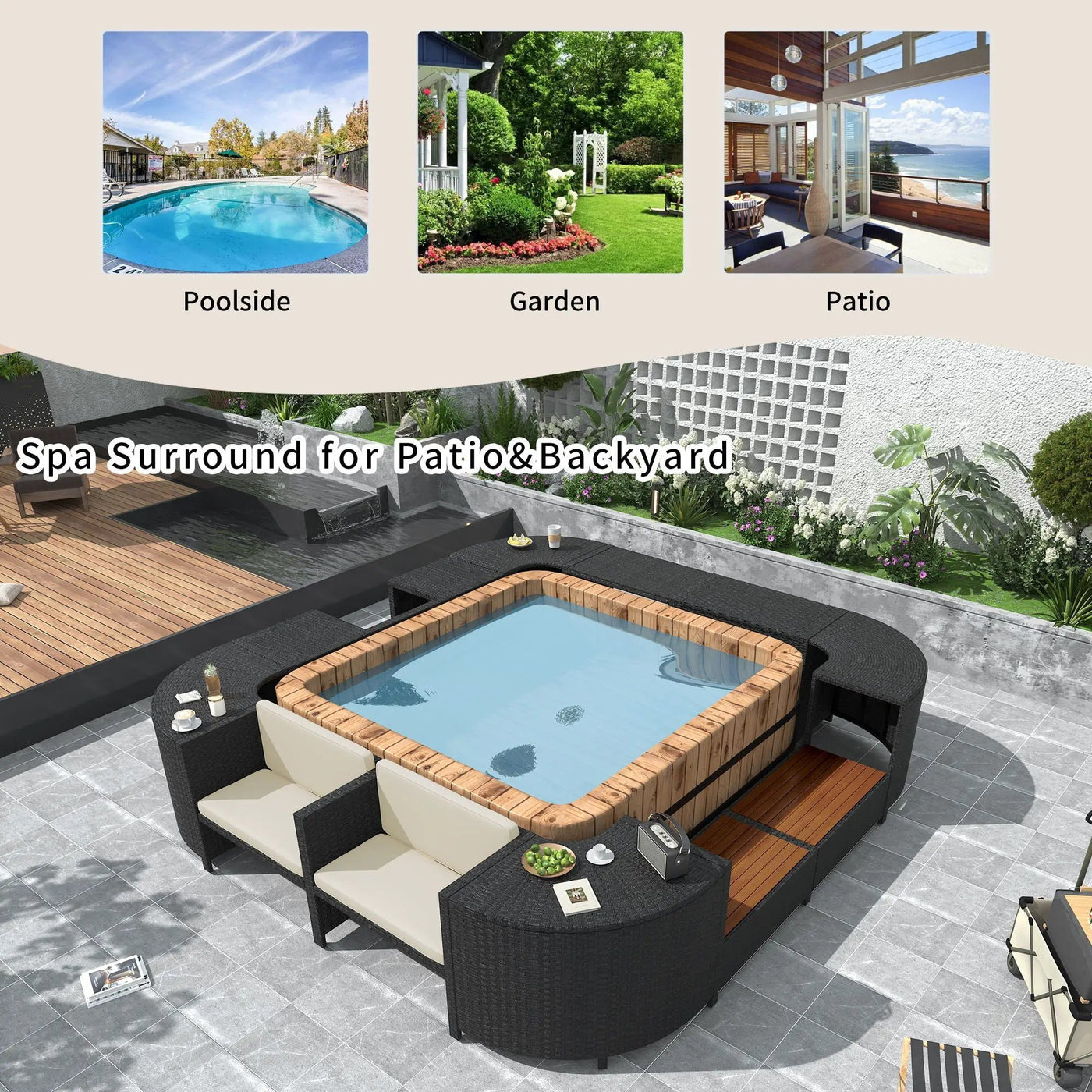 Spa Surround Spa Frame Quadrilateral Outdoor Rattan Sectional Sofa Set With Mini Sofa, Wooden Seats And Storage Spaces by HouseOfZazla