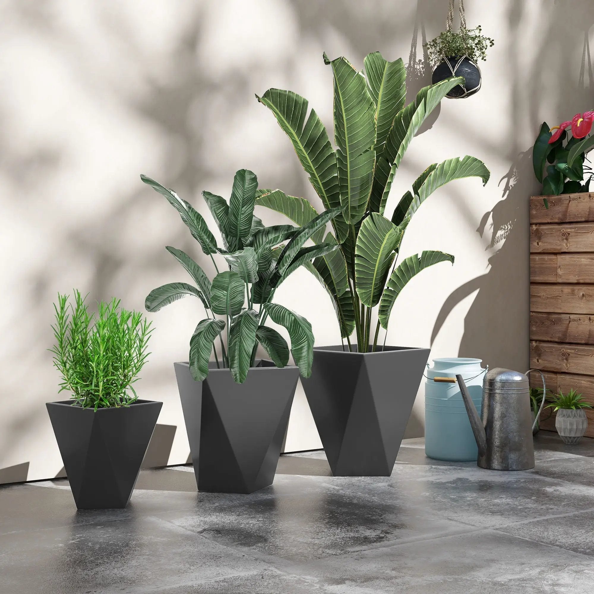Outsunny - 18", 15.25", 11.75" Tall Planters (Set of 3), Indoor Outdoor Planters With Drainage Holes, Stackable Flower Pots For Garden, Patio, Balcony, Front Door - Gray by HouseOfZazla