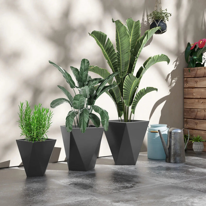 Outsunny - 18", 15.25", 11.75" Tall Planters (Set of 3), Indoor Outdoor Planters With Drainage Holes, Stackable Flower Pots For Garden, Patio, Balcony, Front Door - Gray by HouseOfZazla
