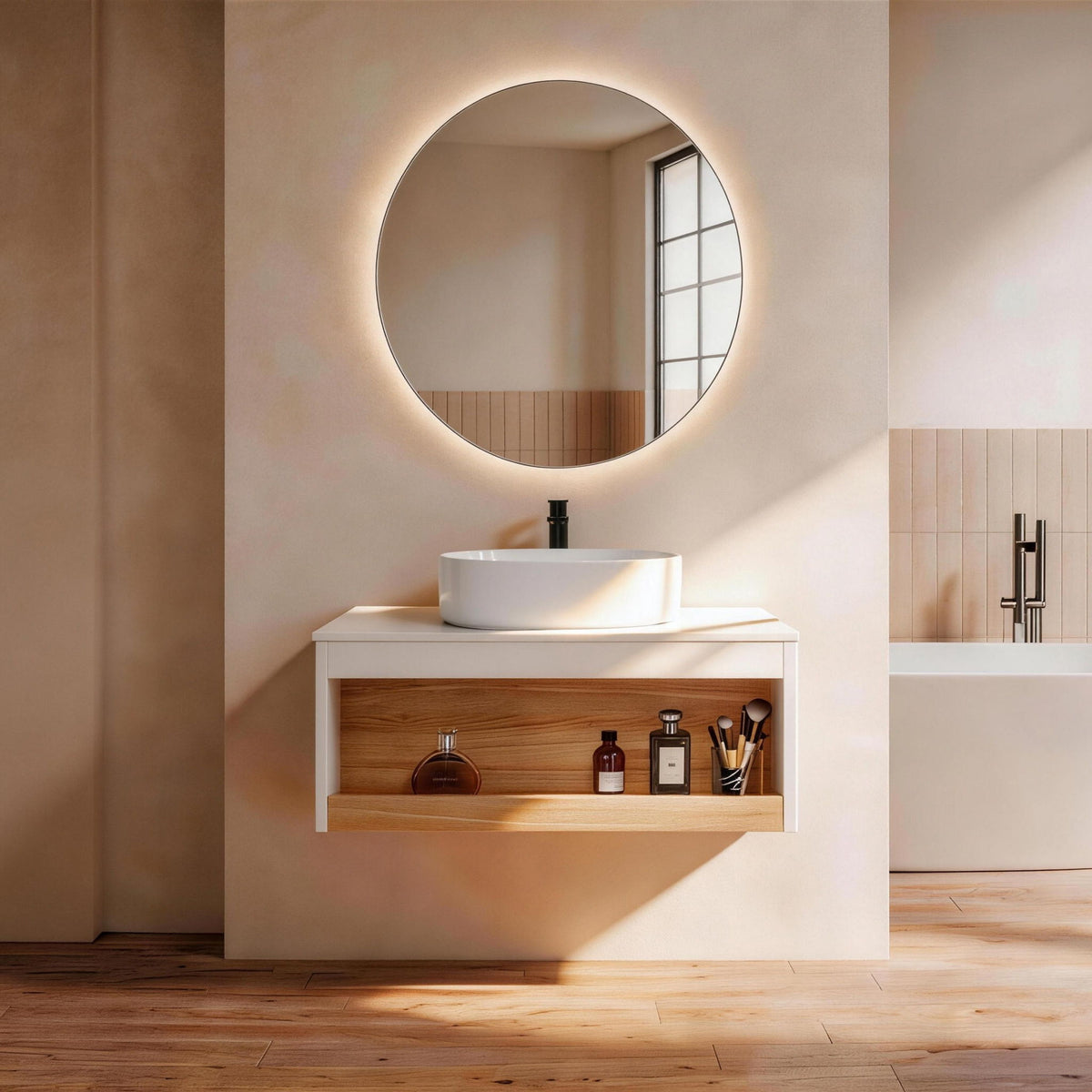 Floating Bathroom Vanity With Glossy Round Vessel Sink, photo 31 of 40