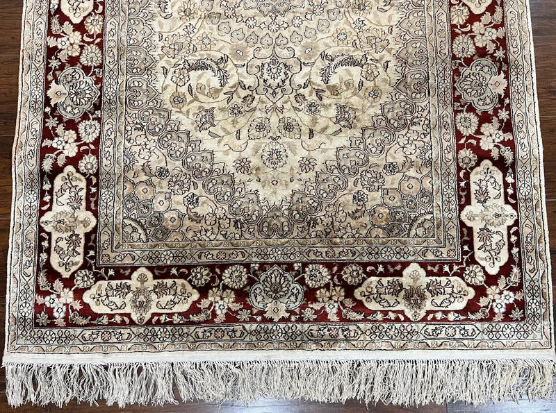 Silk Indian Kashmiri Rug 4x6 ft, Floral Medallion Hand Knotted Handmade Oriental Carpet, Vintage, Cream Burgundy, Very Fine Silk Rug 4 x 6 by Jewel Rugs