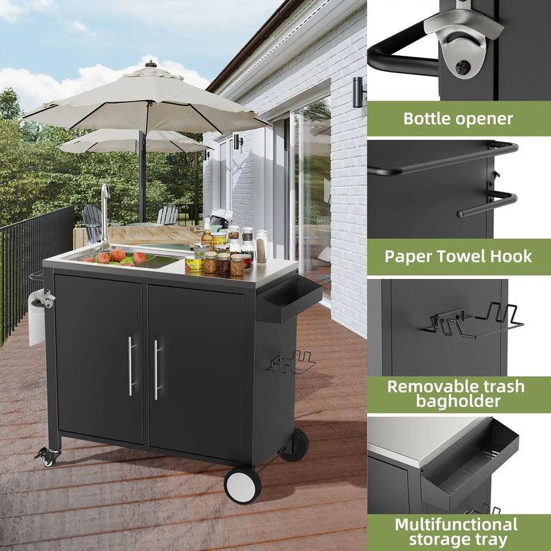 Outdoor Grill Cart With 304 Stainless Steel Sink And Cabinet - Black / Silver by HouseOfZazla