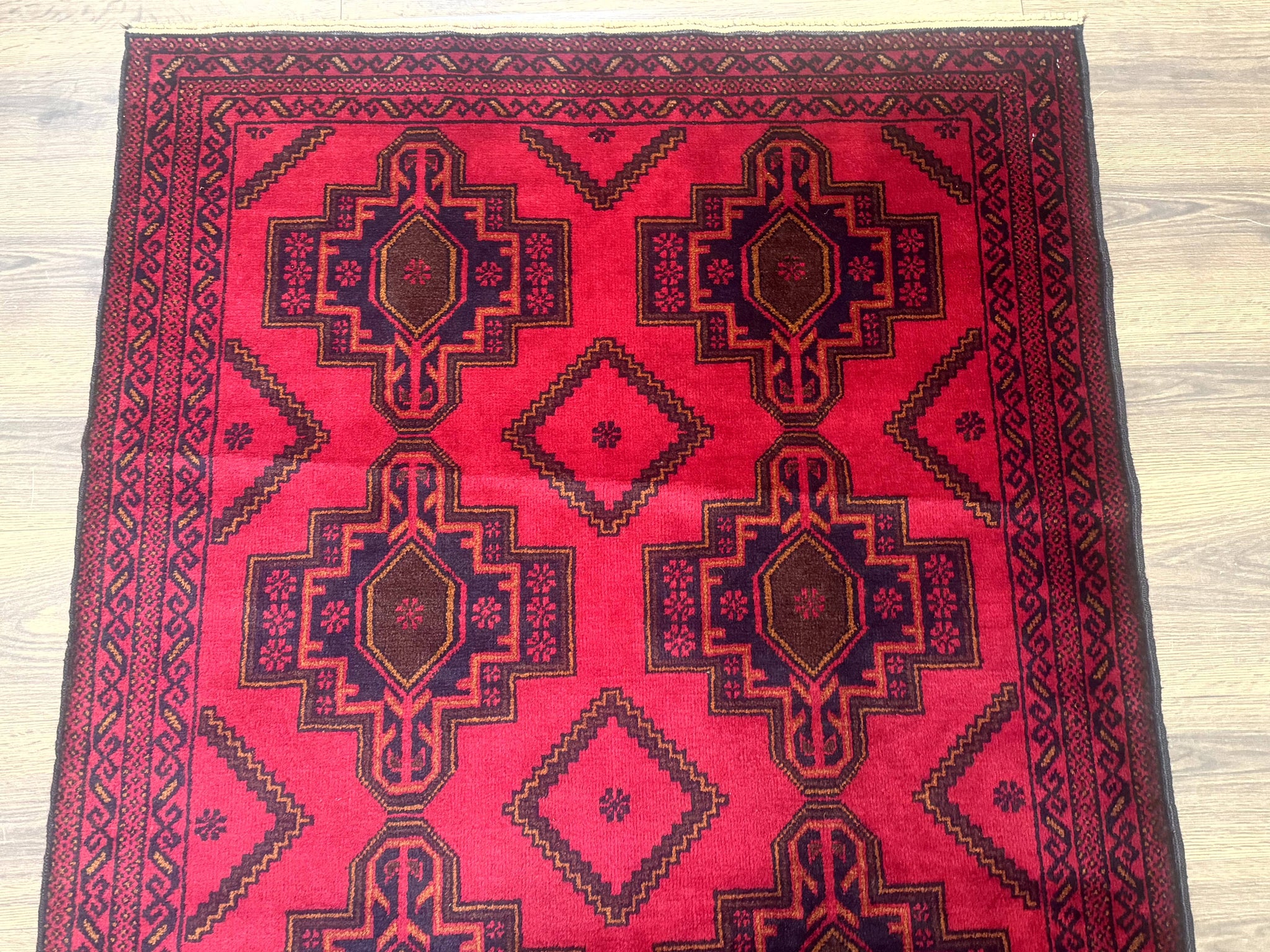 Afghan Rug 4x7, Tribal Carpet, Balouch Rug, Red and Navy Blue, Repeated Medallions, New by Jewel Rugs