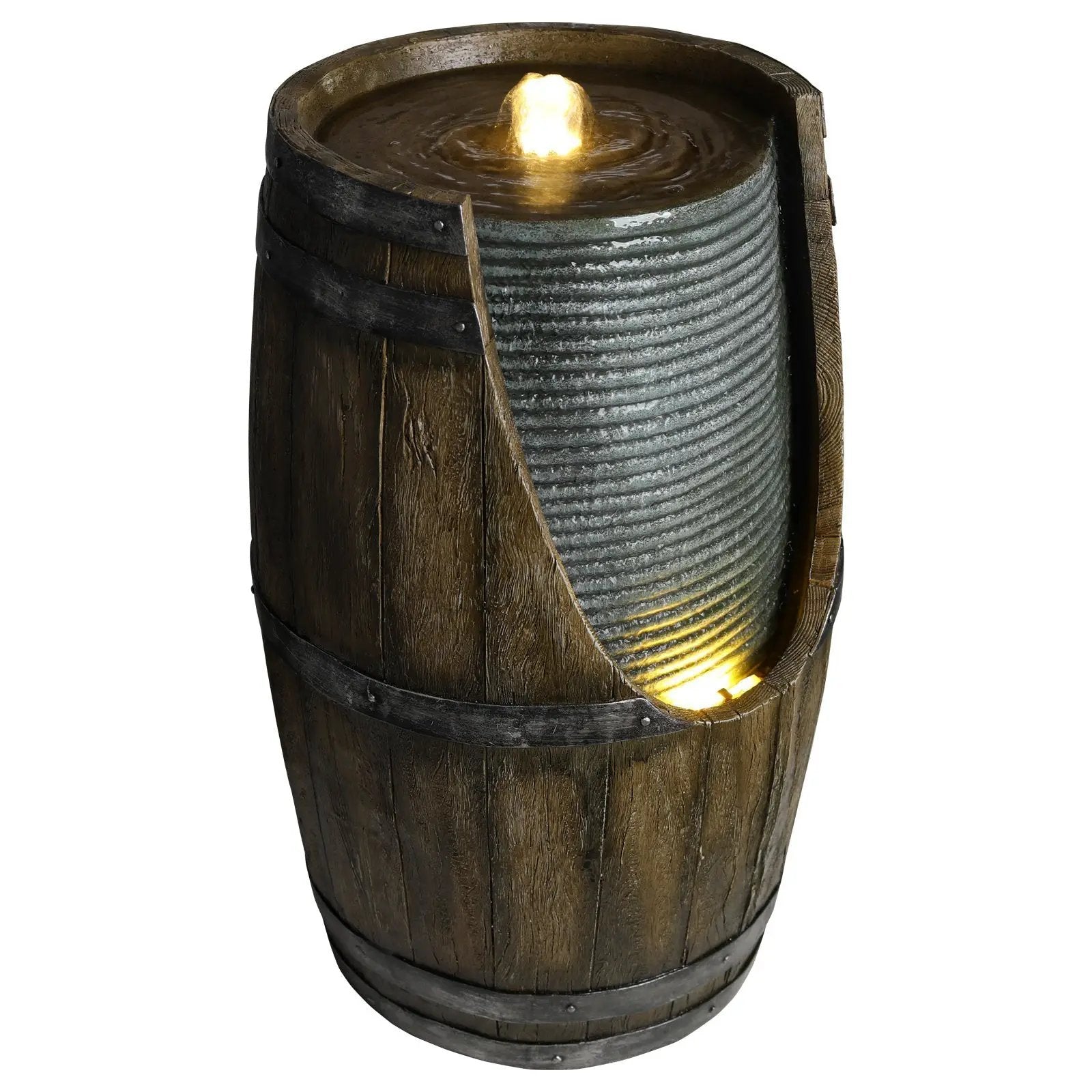 Wooden Barrel Style Outdoor Water Fountain with Lights by HouseOfZazla