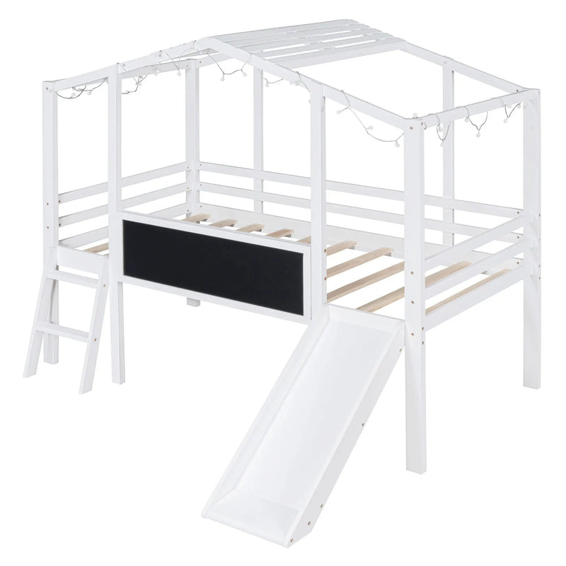 Loft House Bed With Ladder And Slide, With board And Light Strip On The Roof by HouseOfZazla