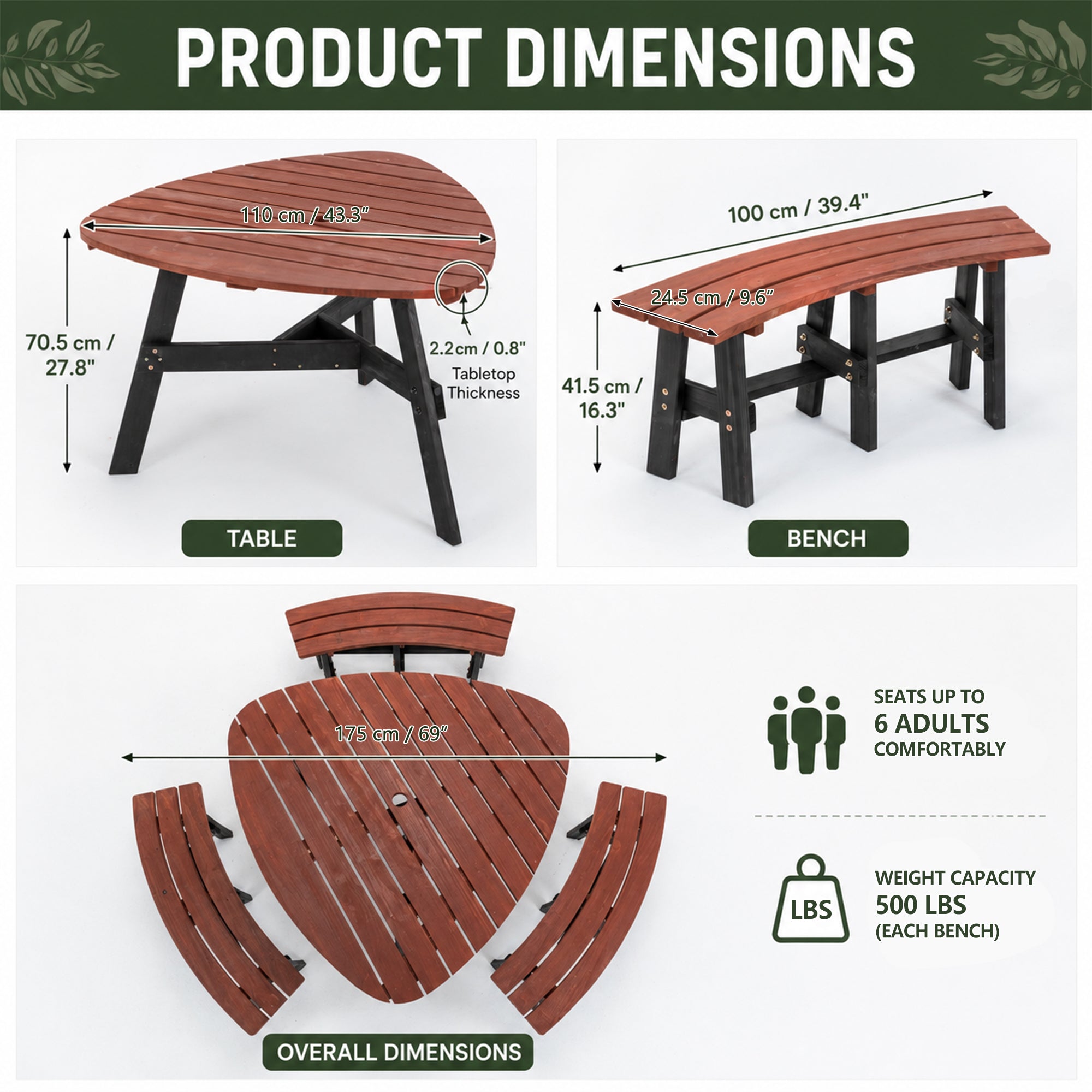 6-Person Semi-Circular Outdoor Solid Fir Wood Picnic Table Set, Rustic by HouseOfZazla