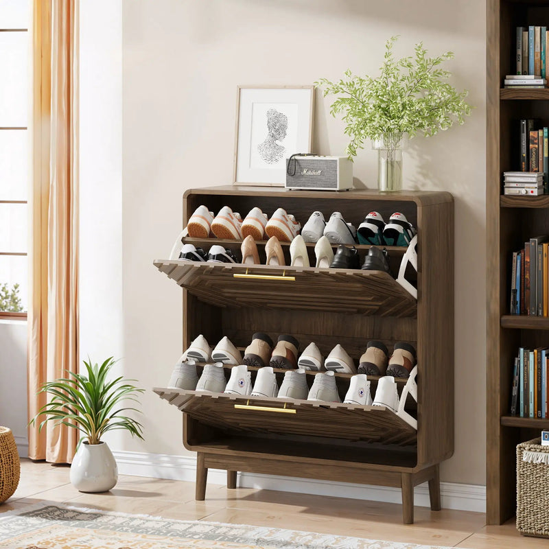 Freestanding Shoe Cabinet With 2 Flip Top Drawers For Entryway - Walnut by Unique Piece Furniture
