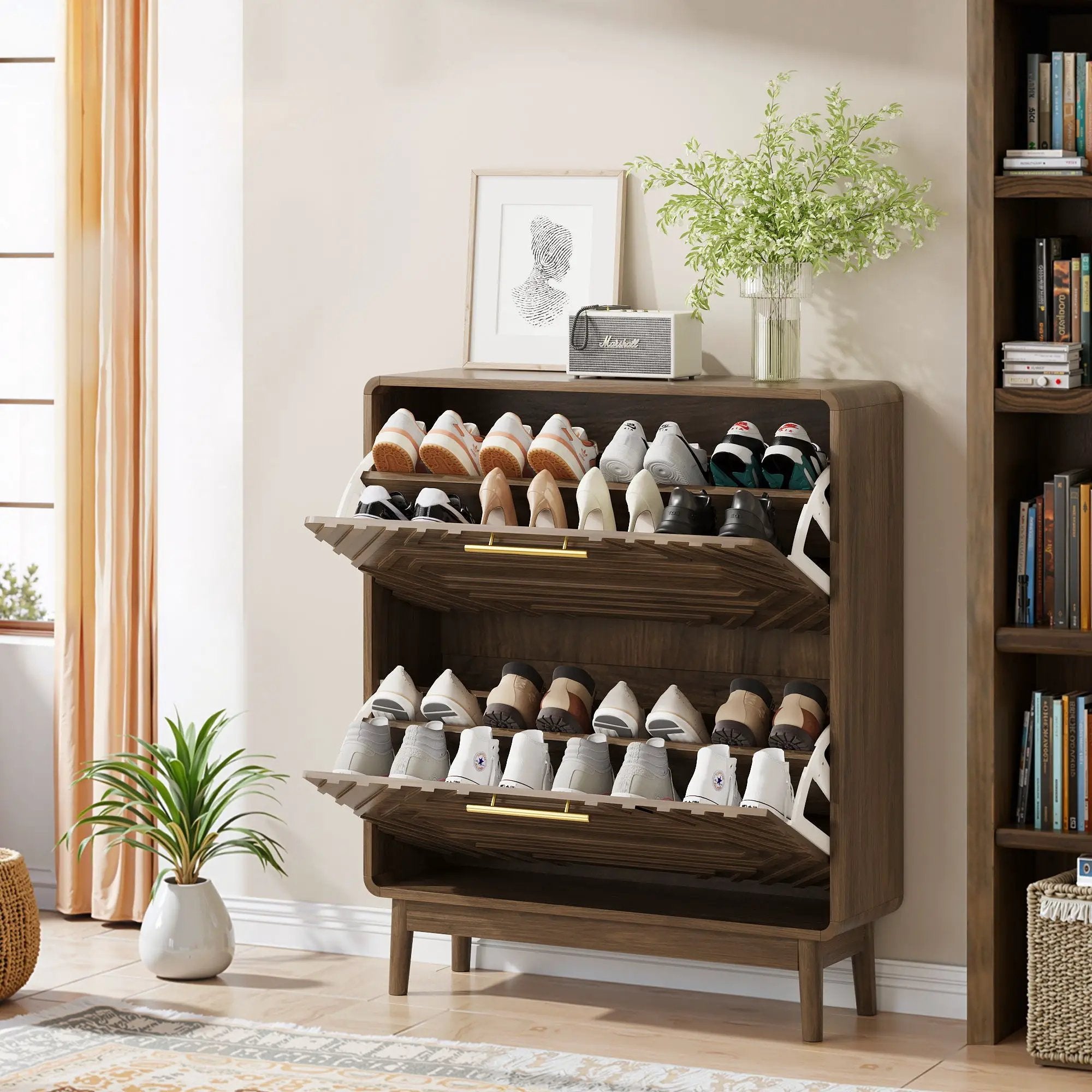 Freestanding Shoe Cabinet With 2 Flip Top Drawers For Entryway - Walnut by HouseOfZazla