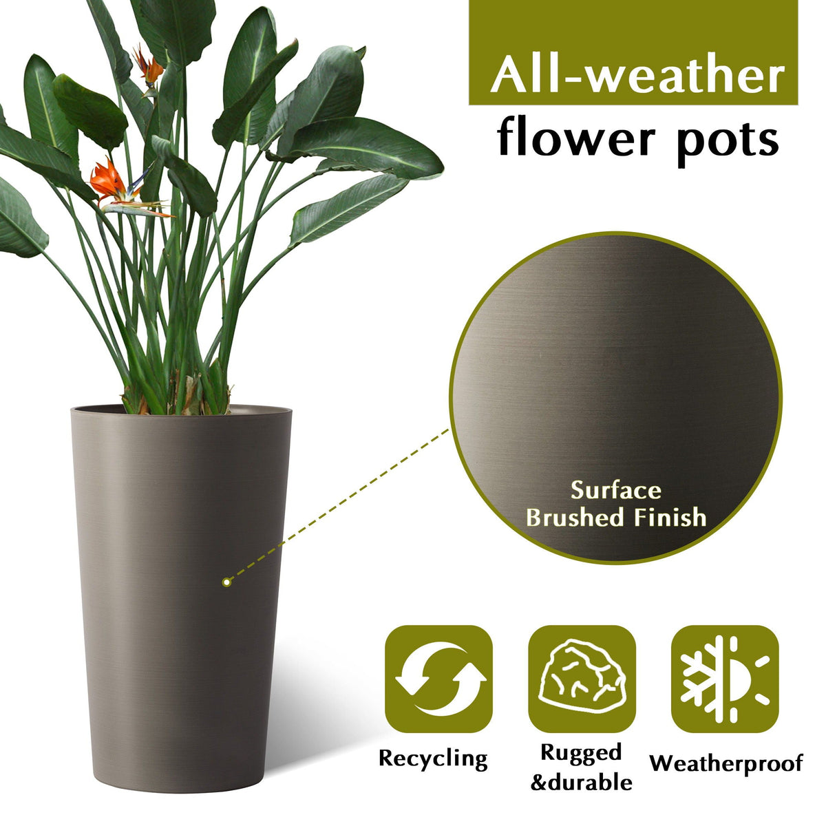 Tall Polypropylene Outdoor Planter Set of 2 with Weather-Resistant Build - Black, Dark Gray, Dark Brown, photo 27 of 37