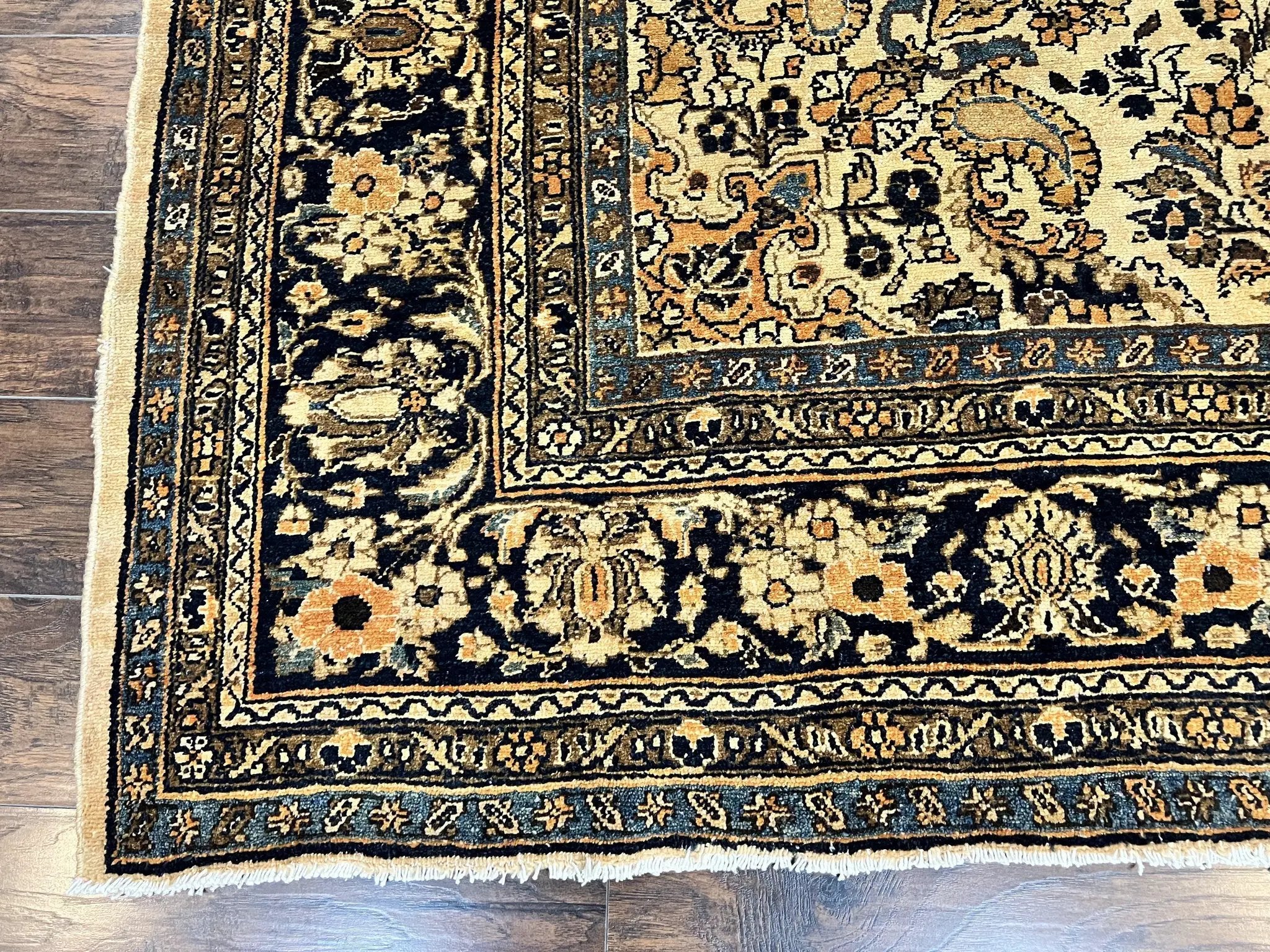 Antique Persian Rug 9x11, Wool Handmade 1920s Oriental Carpet, Persian Hamadan Anjelas Rug, Cream Black, Floral Allover Oriental Rug 9 x 11 Room Sized Rug by Jewel Rugs