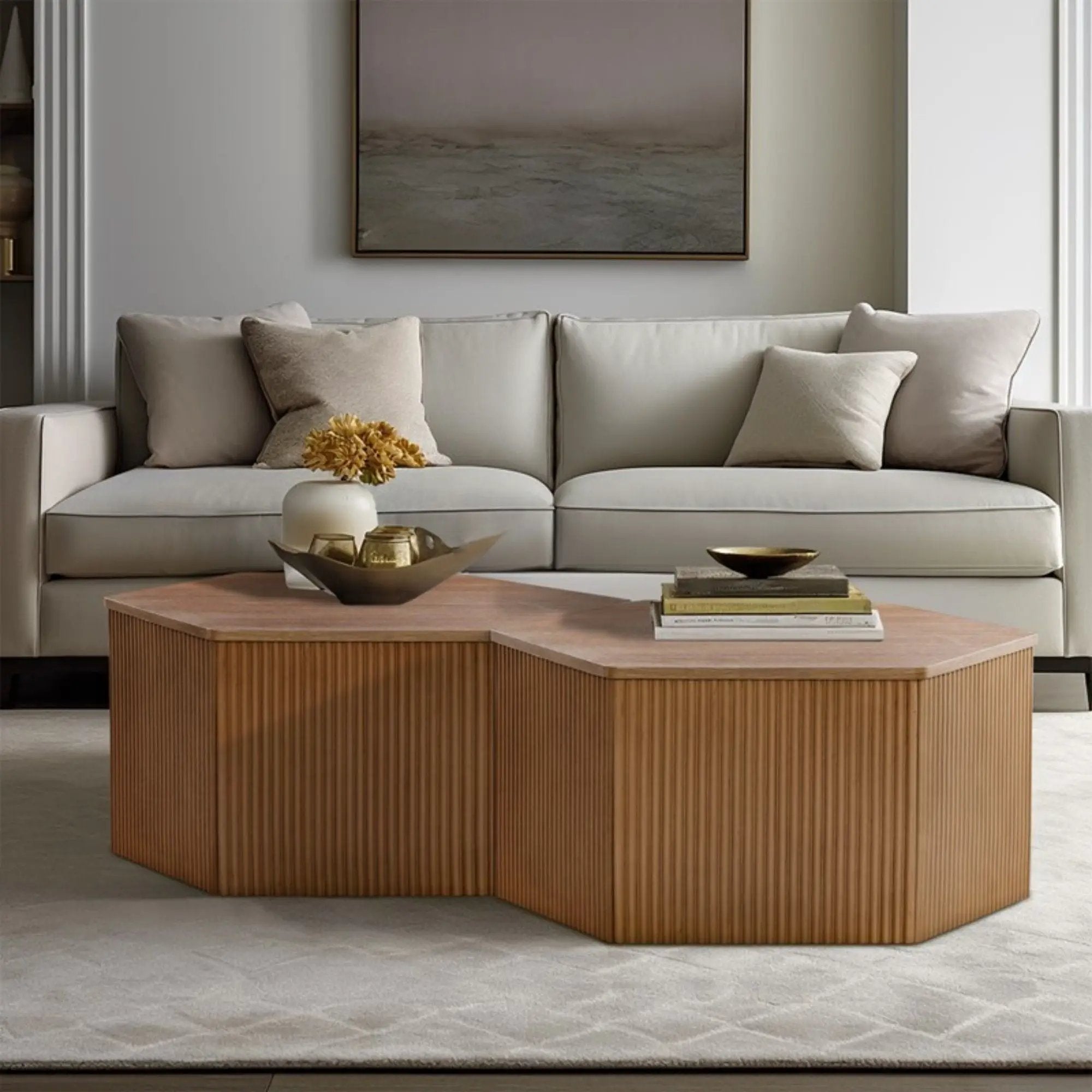 Hexagon Coffee Table With Fluted Design - Natural by HouseOfZazla