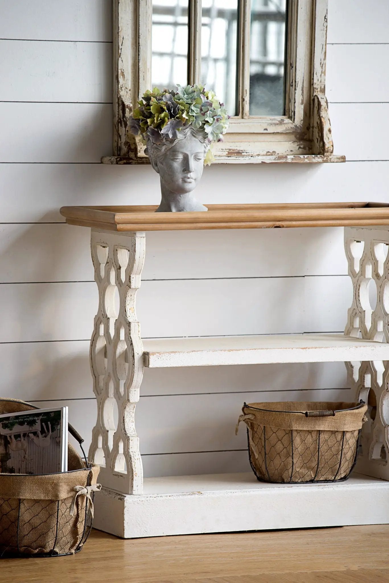 Distressed Wood Shelf Tray, French Country Console Table - Brown / Antique White by HouseOfZazla