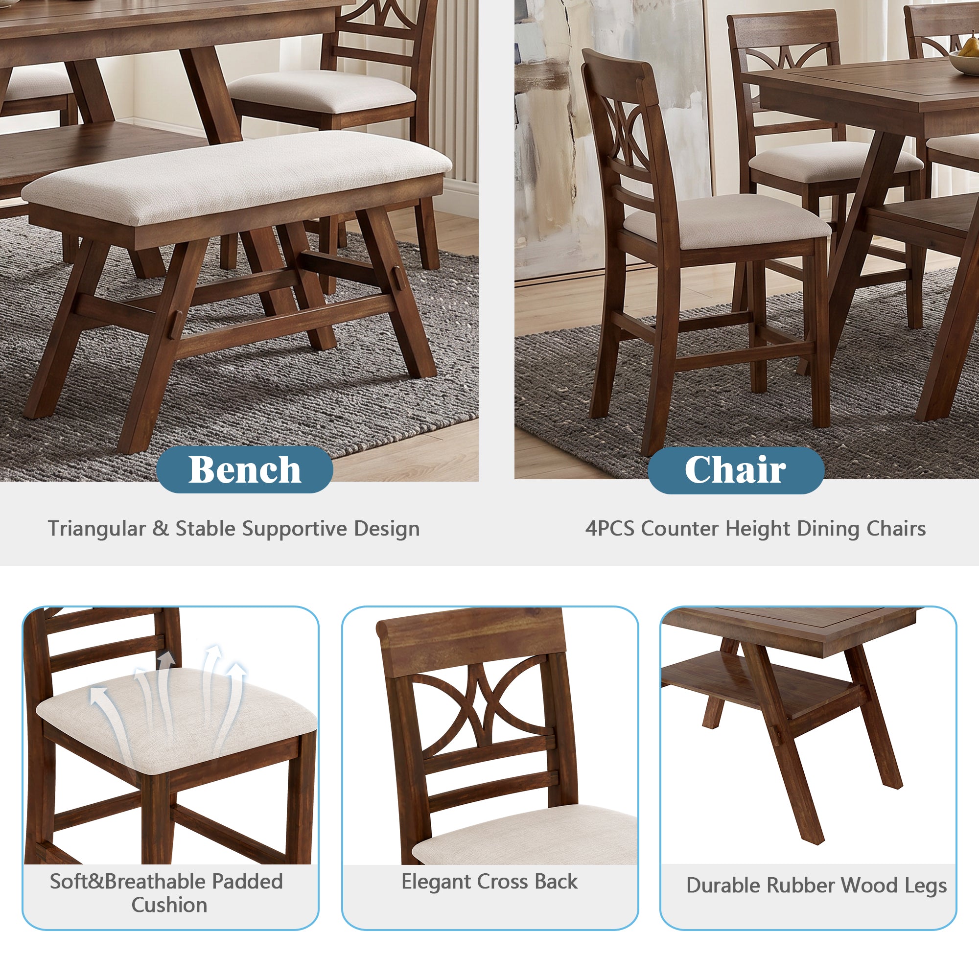 Topmax 6-Piece Wood Counter Height Dining Table Set with Storage Shelf by HouseOfZazla