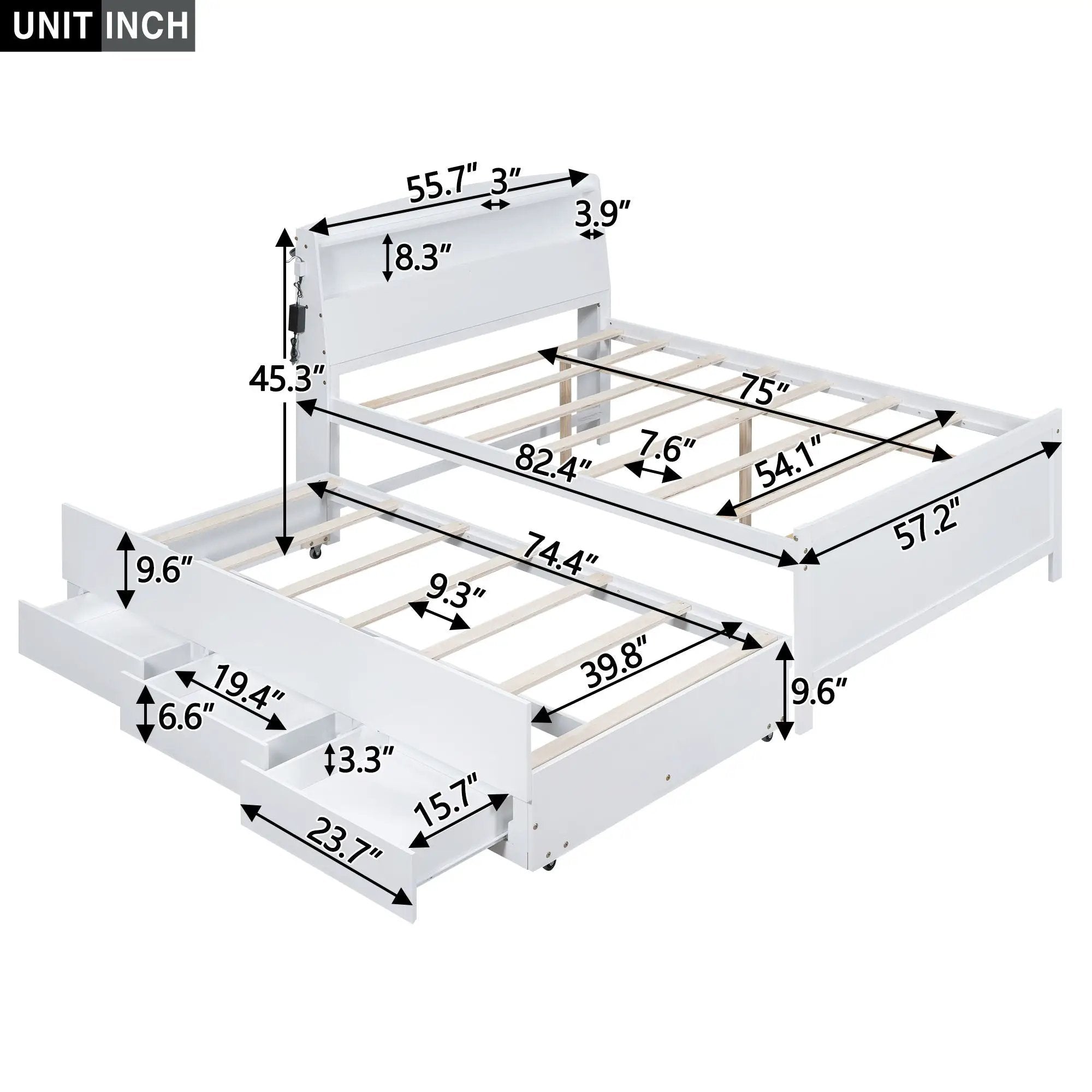 Full Size Platform Bed With Storage LED Headboard, Twin Trundle And 3 Drawers - White by HouseOfZazla