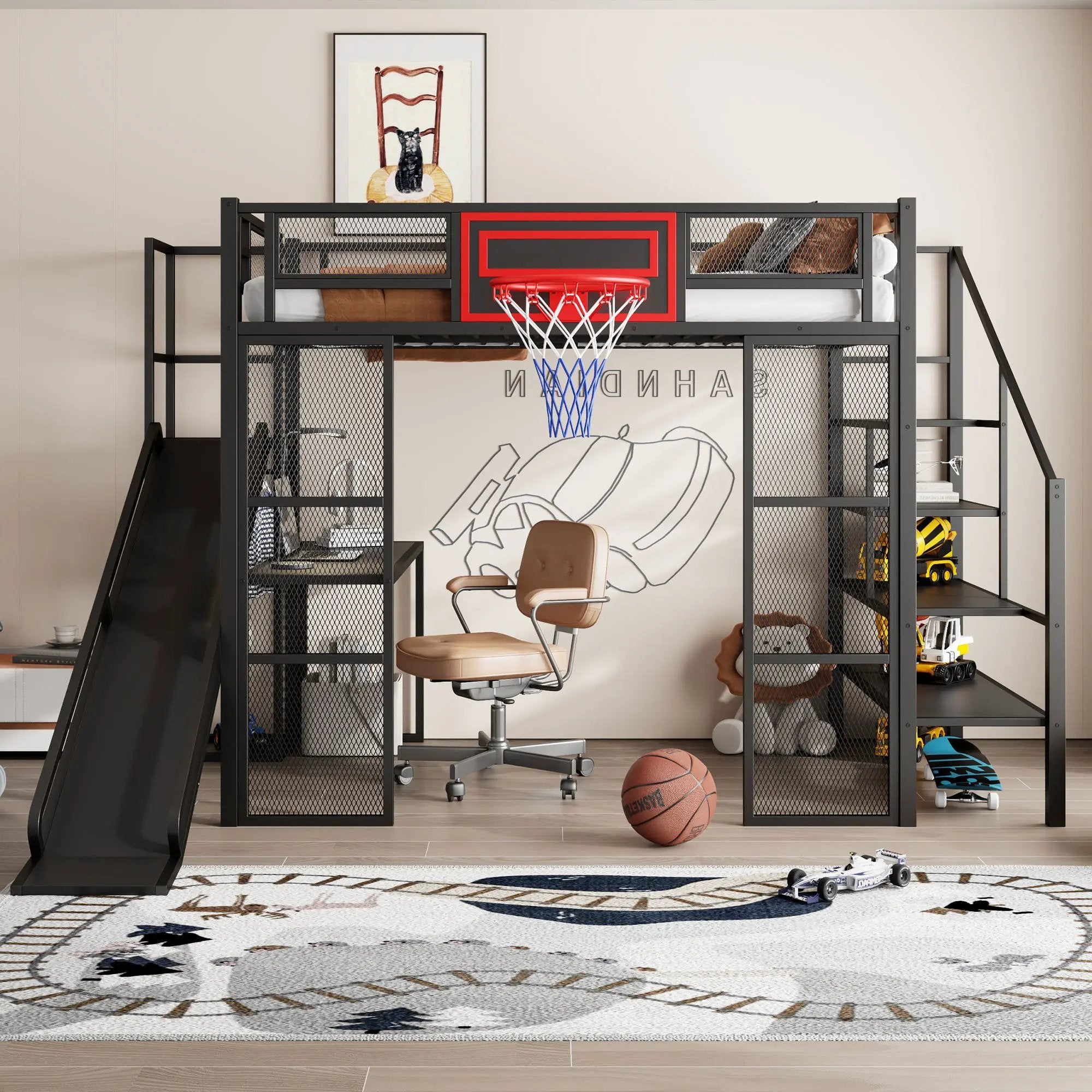 Loft Bed With Built In Desk, Open Wardrobe, Basketball Hoop, Slide And Staircase by Unique Piece Furniture