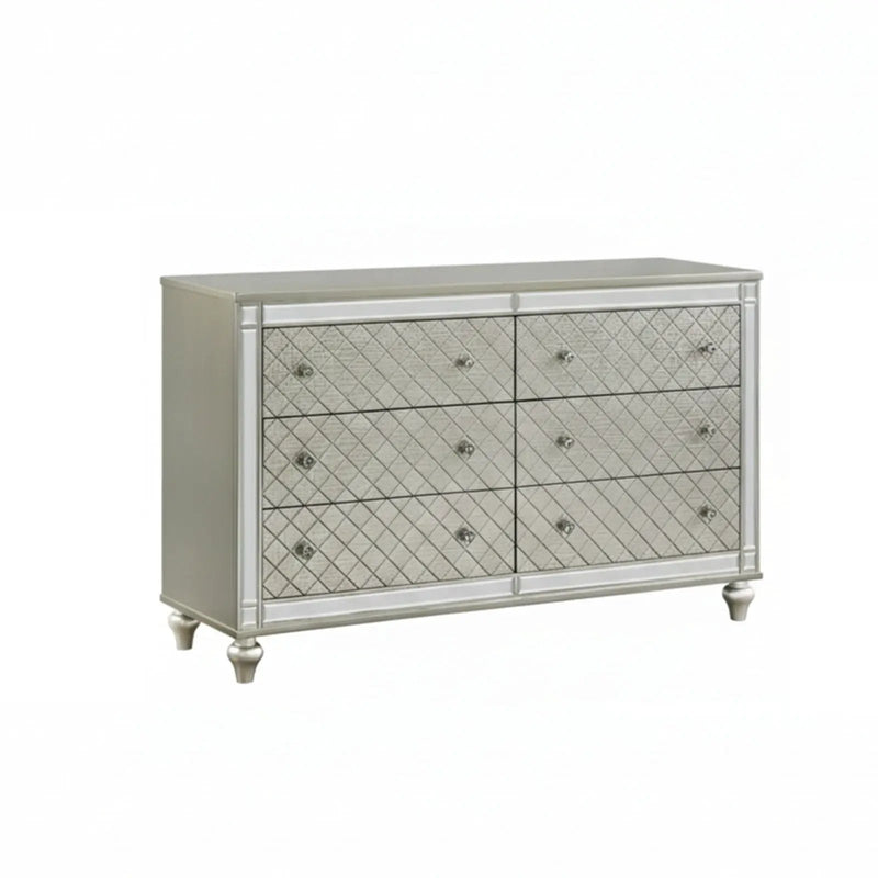 6 Drawer Bedroom Dresser With Diamond Patterned Drawer Fronts - Silver by HouseOfZazla