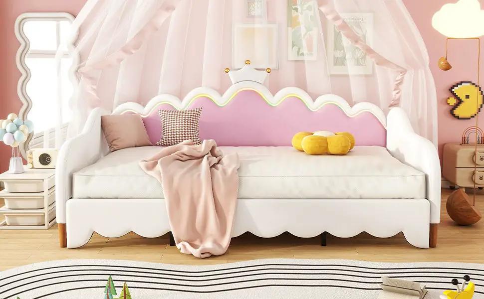 Extending Daybed With LED Lights, Modern Upholstered Princess Daybed With Crown Headboard by HouseOfZazla