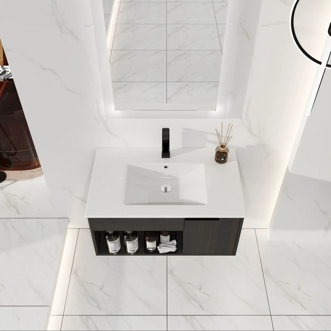 Wall Mounted Floating Bathroom Vanity With Open Shelf & Soft Close Door by HouseOfZazla