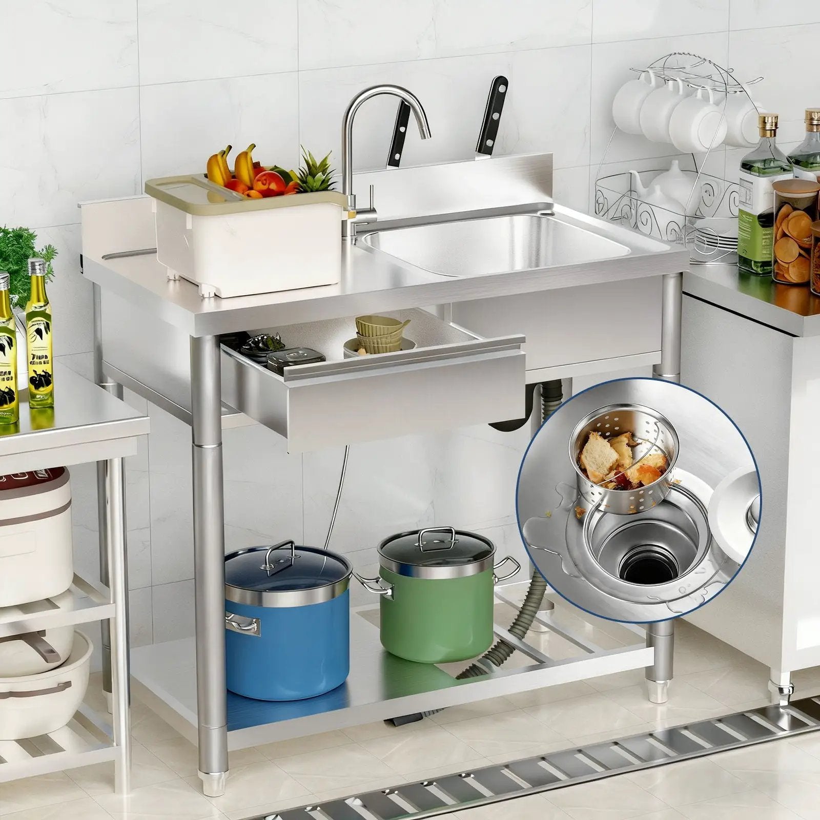 Outdoor Utility Sink With Workbench & Storage Shelf, Freestanding Prep Table With Left Drawer, Garden Patio Sink Station With 360° Hot & Cold Water Faucet - Silver by HouseOfZazla