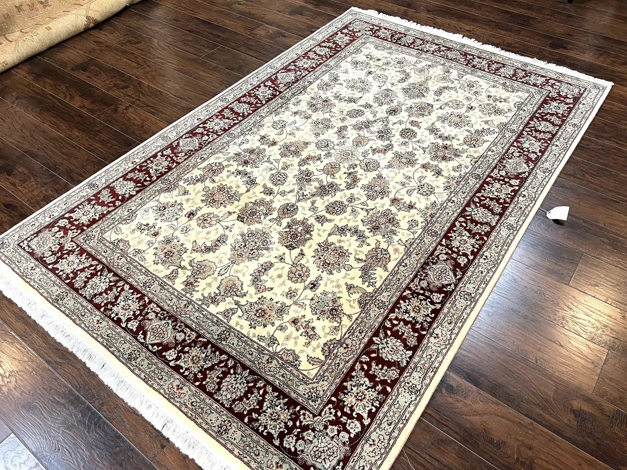 Pak Persian Rug 6x9, Floral Allover Carpet 6 x 9 ft, Cream and Maroon Hand Knotted Wool and Silk Fine Oriental Rug, Traditional Vintage Rug by Jewel Rugs