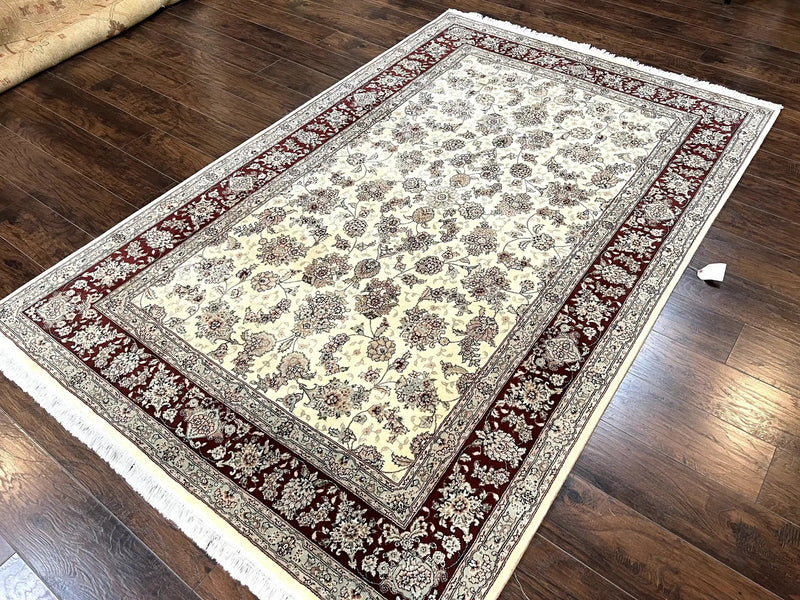 Pak Persian Rug 6x9, Floral Allover Carpet 6 x 9 ft, Cream and Maroon Hand Knotted Wool and Silk Fine Oriental Rug, Traditional Vintage Rug by Jewel Rugs