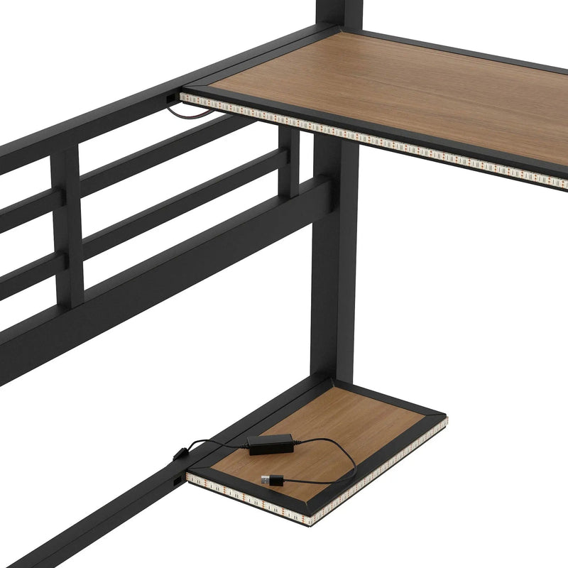 Full Size Loft Bed Frame With Storage Shelf And LED Light - Black by HouseOfZazla