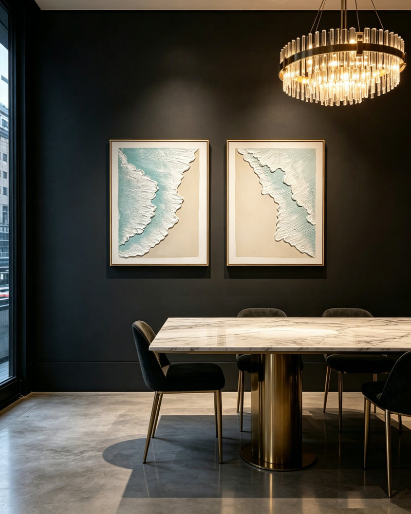 24x32 Framed Ocean Wave Wall Art Set with 3D Plaster Texture - Aqua, photo 9 of 10