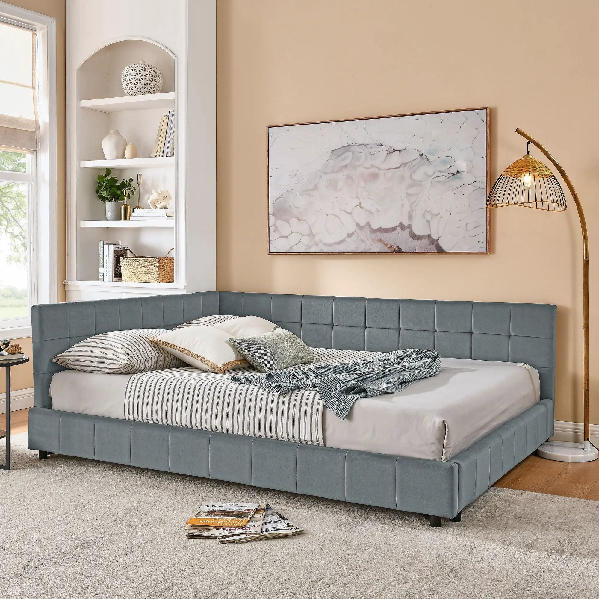Mid-Century Storage Upholstered Tufted Bed Frame With Backrest And Armrests by Unique Piece Furniture