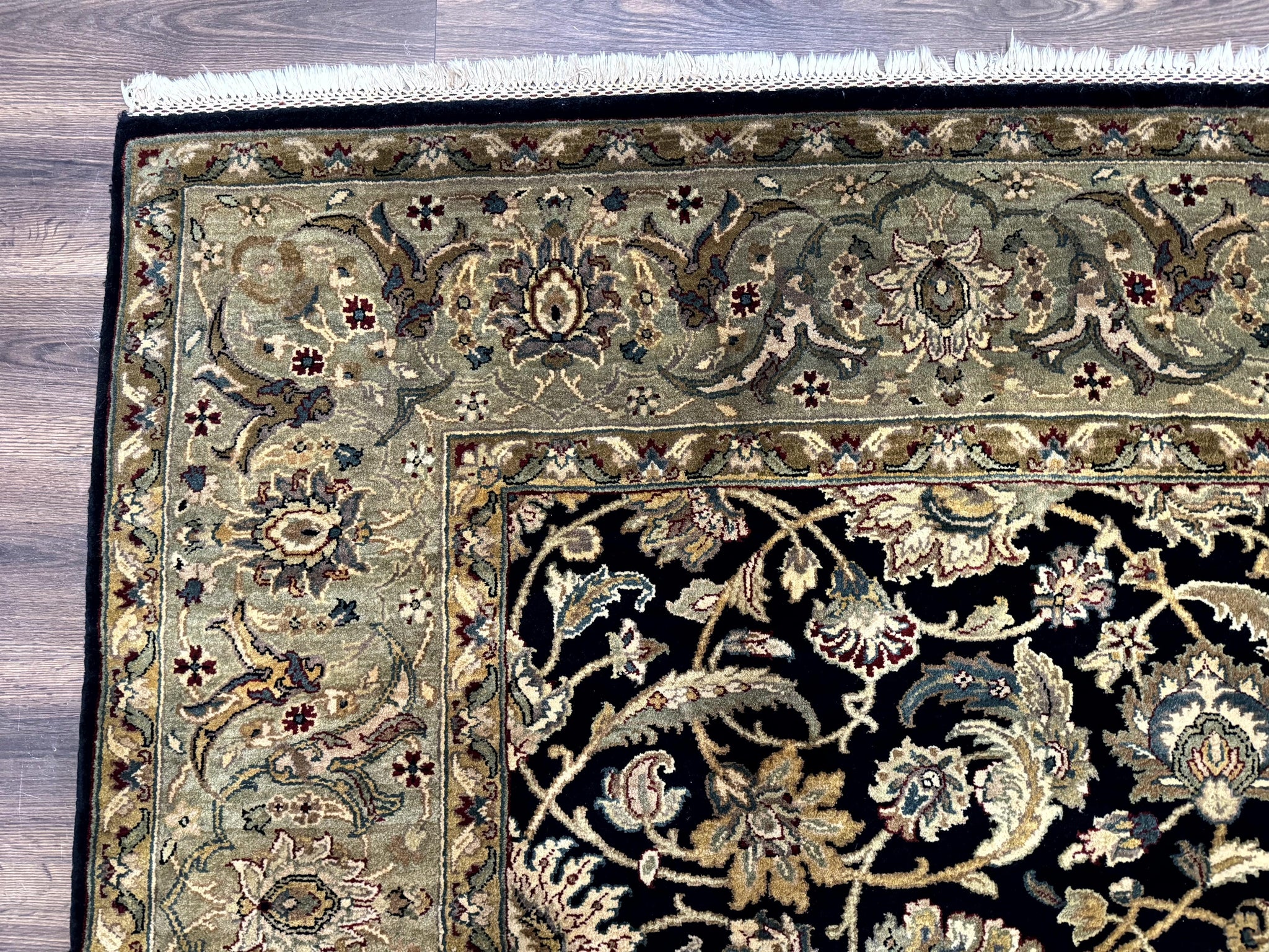 Indo Persian Rug 8x10, Black and Green, Wool, Handmade, Traditional, Floral Allover, Vintage by Jewel Rugs