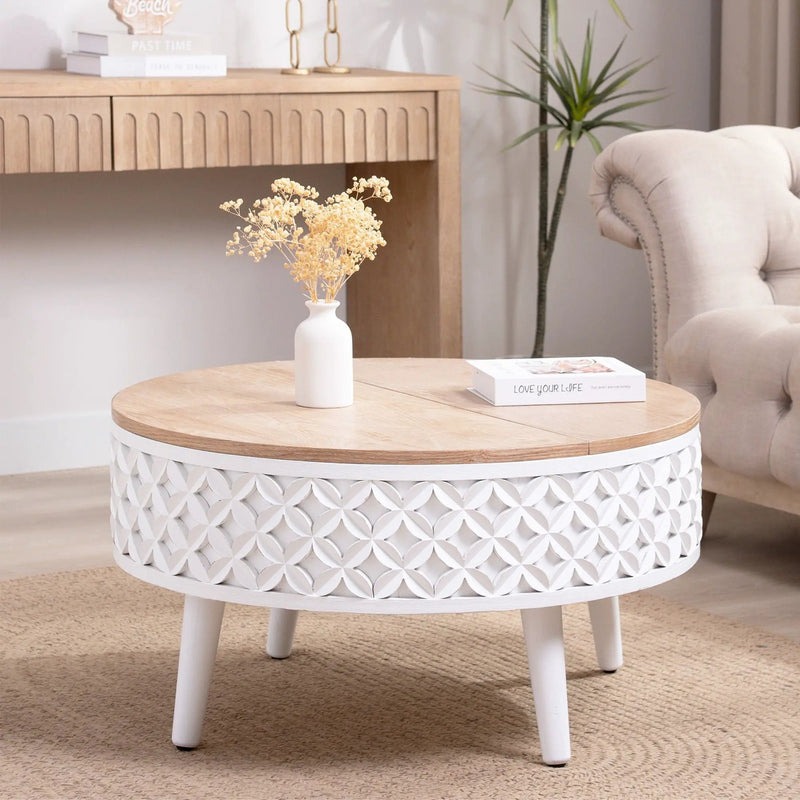 Round Coffee Table With Storage - White / Light Oak by Unique Piece Furniture
