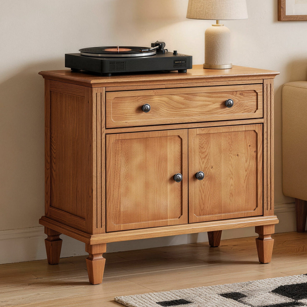 Farmhouse Nightstand with Charging Station, Drawer & Double-Door Cabinet - Natural or Walnut