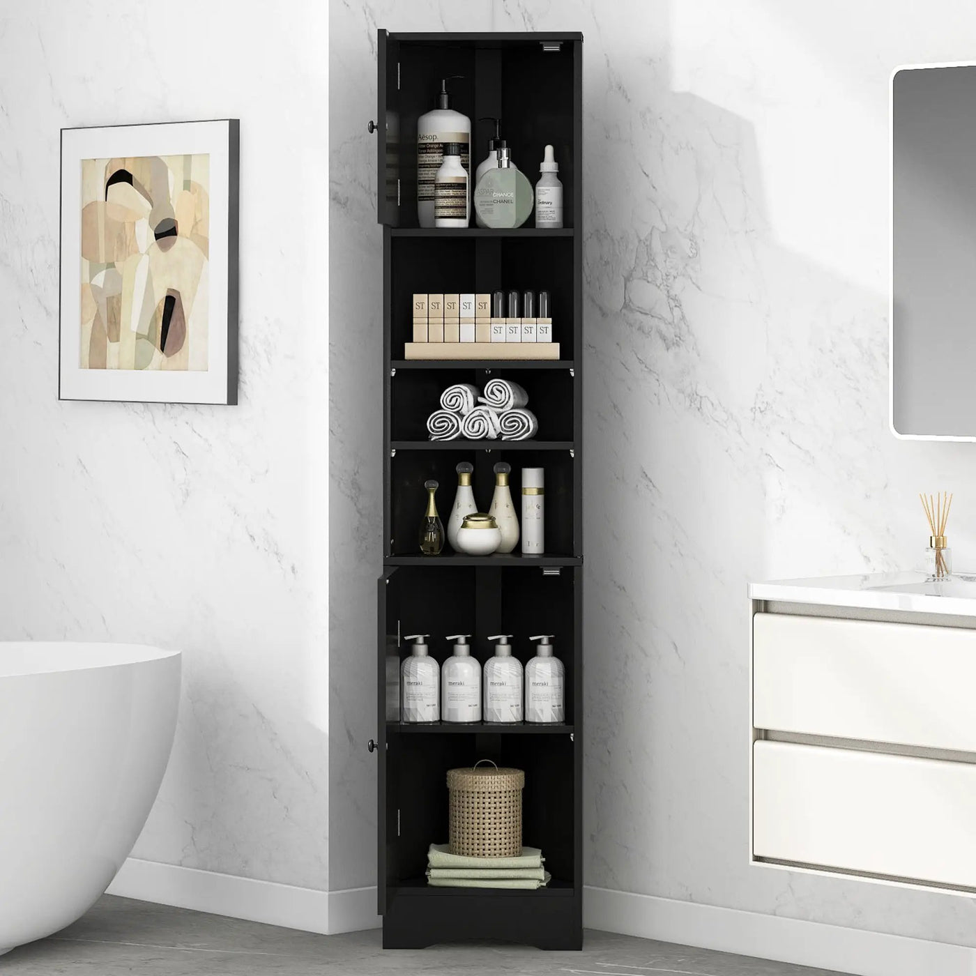 Multi-Functional Corner Cabinet Tall Bathroom Storage Cabinet with Two Doors and Adjustable Shelves, Open Shelf by HouseOfZazla