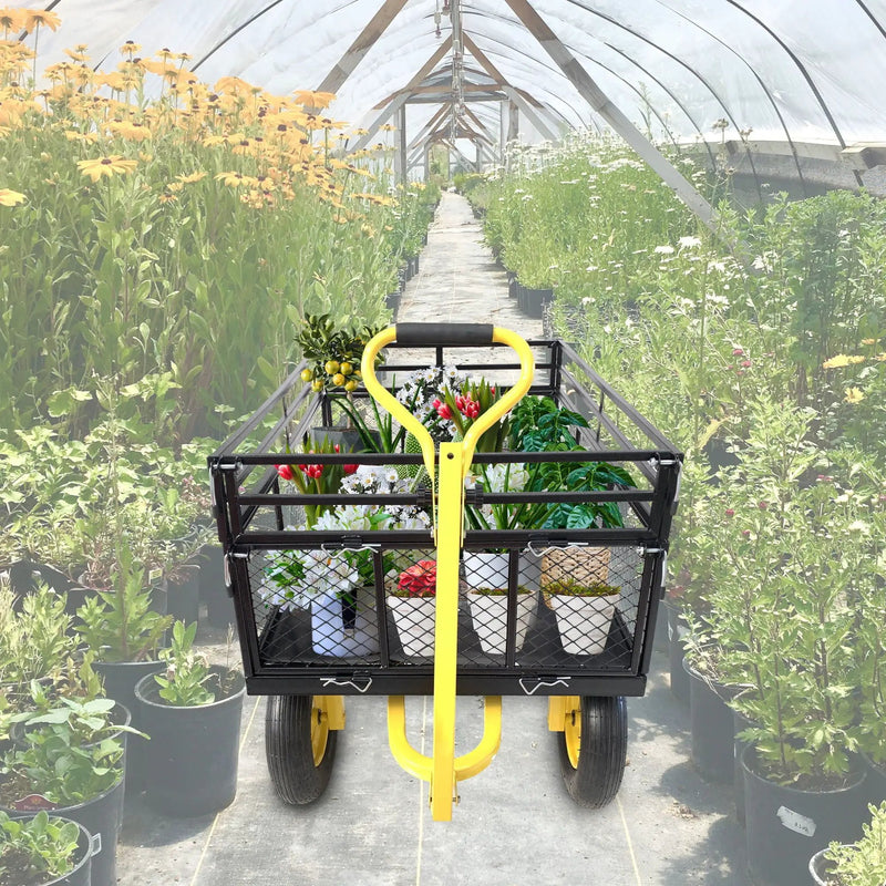 Steel Garden Cart, Heavy Duty 1400 Lbs Capacity, With Removable Mesh Sides To Convert Into Flatbed, Utility Metal Wagon With 2-In-1 Handle And 16 In Tires, Perfect For Garden, Farm, Yard - Black by HouseOfZazla