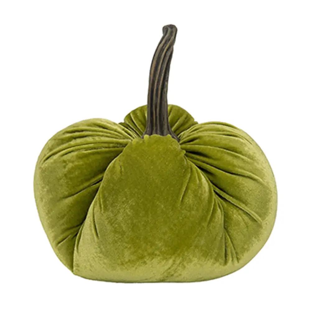 Velvet Weighted Pumpkin With Resin Stem Apple, Pumpkin Ornament Decor For Holiday Harvest Festival Fall Festival & Thanksgiving (Set of 2) - Green by HouseOfZazla