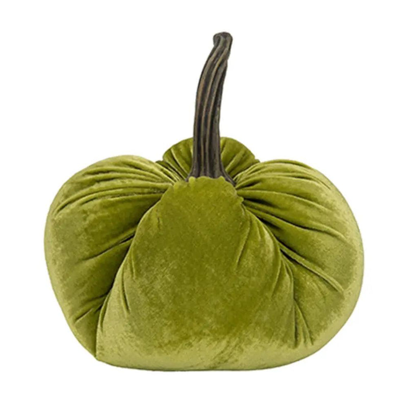 Velvet Weighted Pumpkin With Resin Stem Apple, Pumpkin Ornament Decor For Holiday Harvest Festival Fall Festival & Thanksgiving (Set of 2) - Green by HouseOfZazla