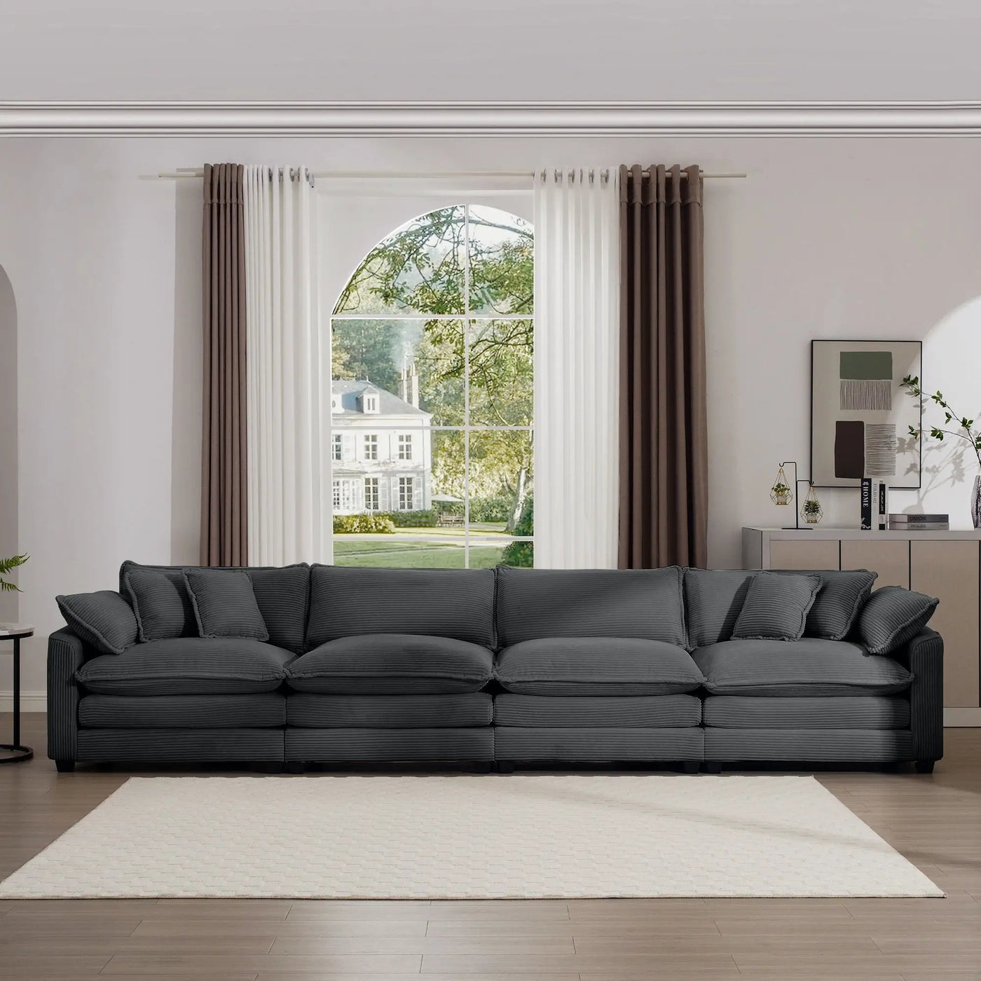 Modern Upholstered 4 Seater Fabric Sofa With Arm And Throw Pillows by HouseOfZazla